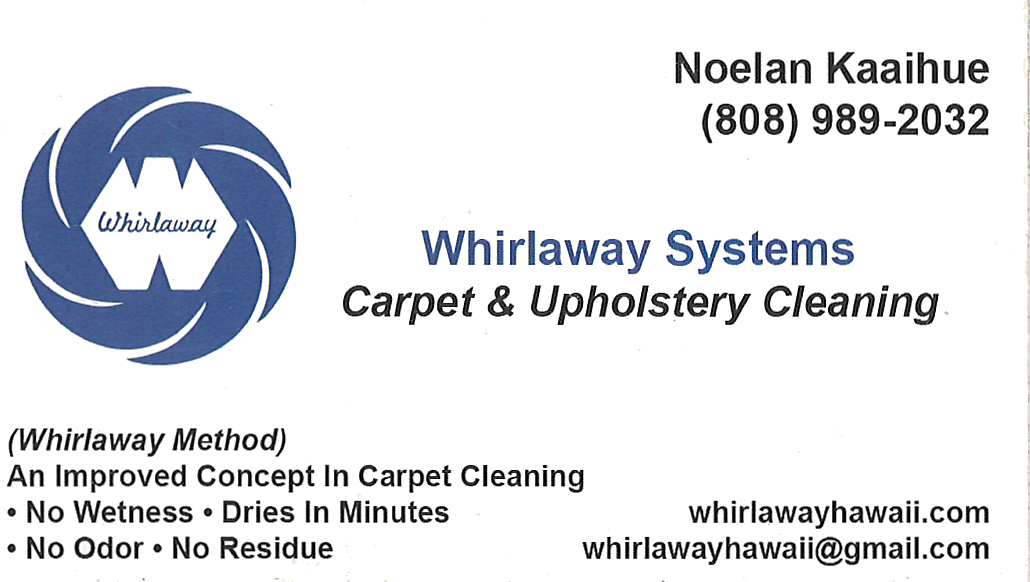 Business card for Noelan Kaaihue of Whirlaway Systems Carpet & Upholstery Cleaning