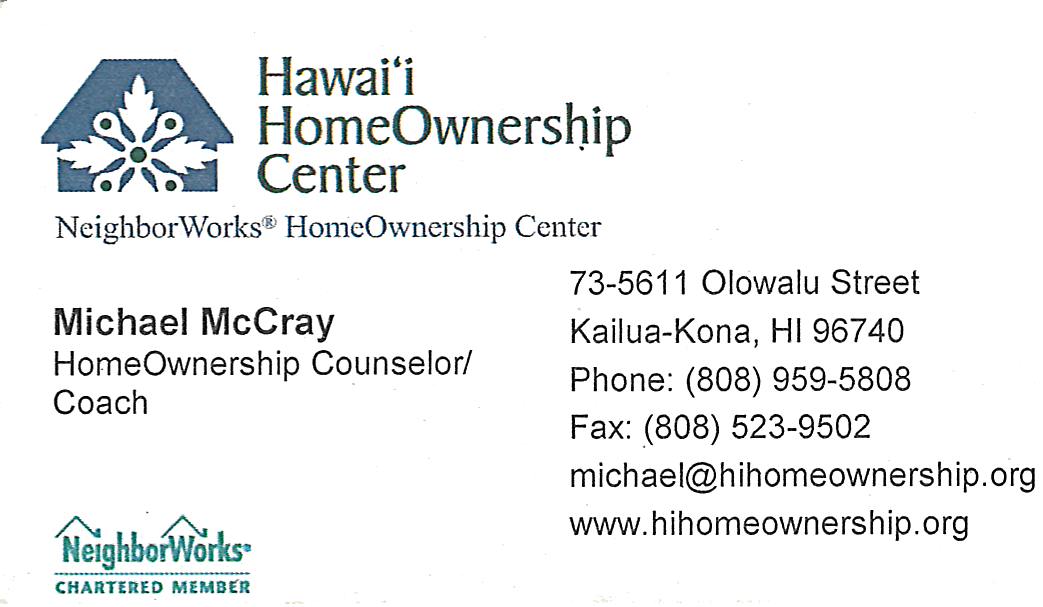 Business card for Michael McCray, HomeOwnership Counselor / Coach for HawaiI HomeOwnership Center in Kailua-Kona, Hawaii