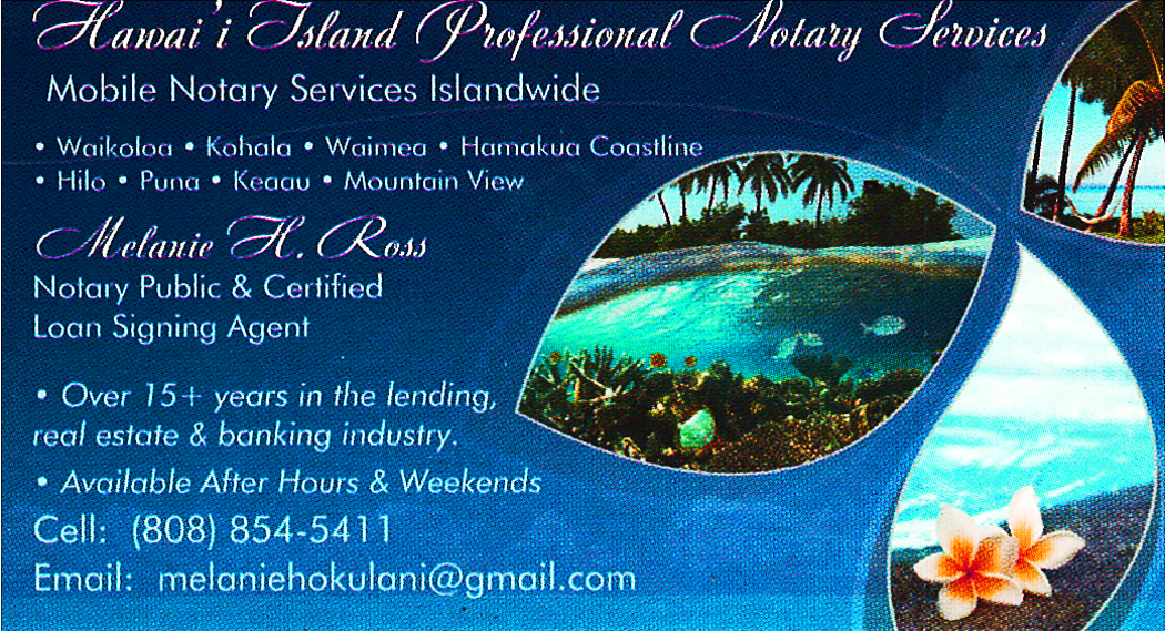 Business card for Melanie Ross of Hawaii island Professional Notary Services