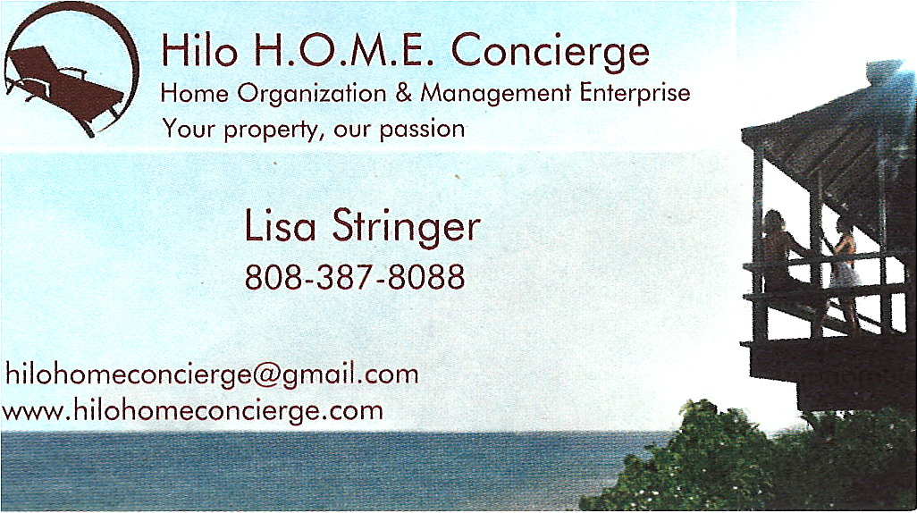 Business card for Lisa Stringer, of Hilo H.O.M.E. Concierge in Hilo, Hawaii