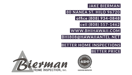 Business card for Jake Bierman of Bierman Home Inspection, Inc. of Hilo, Hawaii