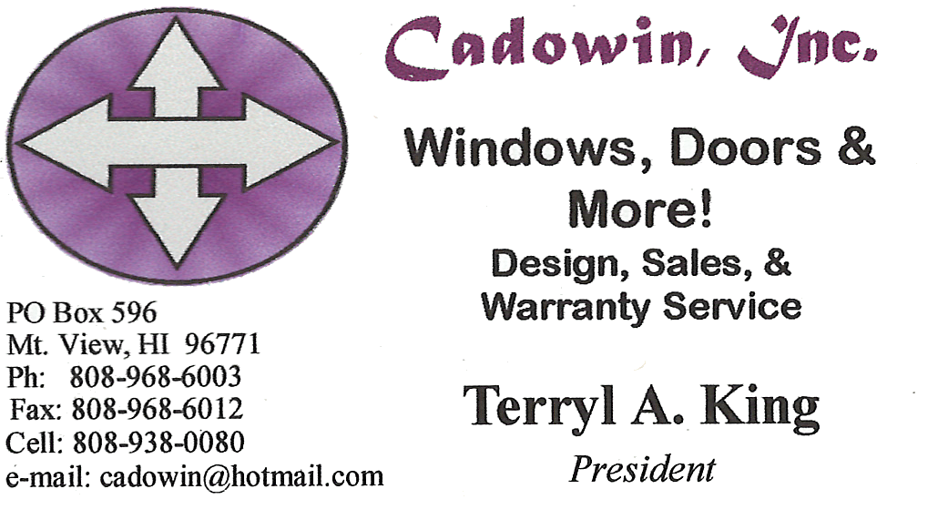 Business card for Terryl A. King, President of Cadowin, Inc. Windows, Doors, and More