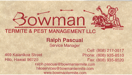 Business card for Ralph Pascual, Service Manage for Bowman Termite and Pest Management LLC