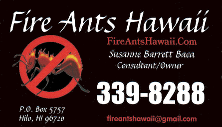 Business card for Suzanne Barrett Baca, Consultant / Owner of Fire Ants Hawaii