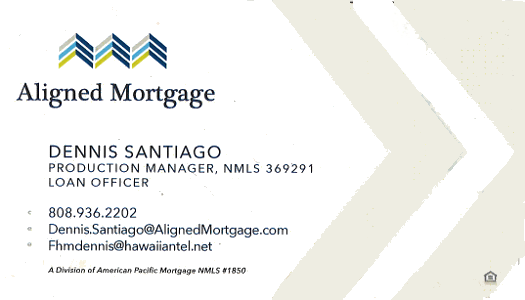 Business card for Dennis Santiago, Production Manager and Loan Officer of Aligned Mortgage