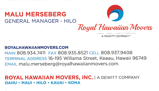 Back of business card for Malu Merseberg, General Manager for Royal Hawaiian Movers in Keaau, Hawaii with Malu's contact information