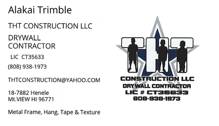 Business card for Alakai Trimble, Drywall Contractor for THT Construction LLC