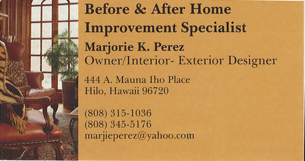 Business card for Marjorie Pereze, Owner of Before and After Home Improvement Specialist