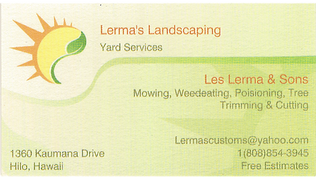 Business card for Les Lerma of Lerma's Landscaping in Hilo, Hawaii