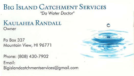Business card for Kaulahea Randall, Owner of Big Island Catchment Services
