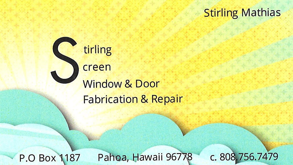 Business card for Stirling Mathias of Stirling Screen Window & Door Fabrication & Repair